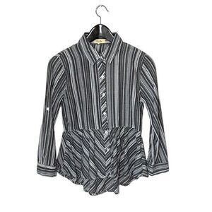 Love Notes Womens Button Up Top Blouse Striped Peplum Long Sleeve‎ Gray Medium